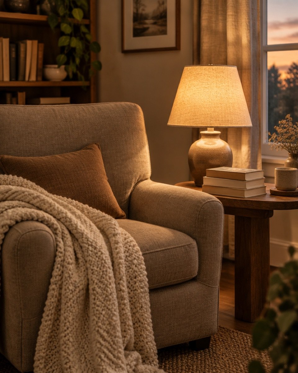 Lesenische mit Sessel, Decke und Büchern am Fenster
